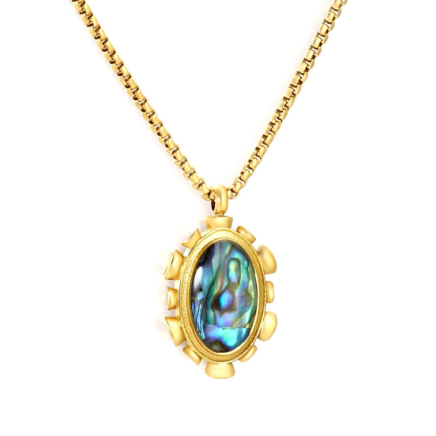 Gold Blue Oval Abalone Shell Pendant Necklace 1.8mm Square Pearl 40+5cm Chain with 6mm Round End Tag 16*21mm Pendant asonjewelry